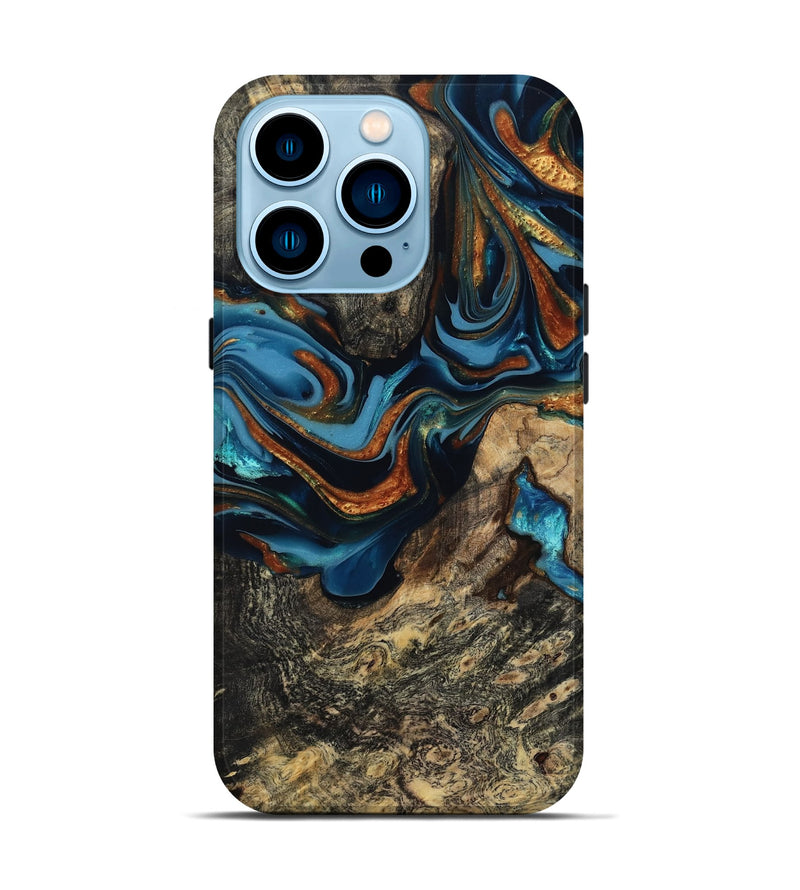 iPhone 14 Pro Wood Live Edge Phone Case - Marjory (Teal & Gold, 814264)