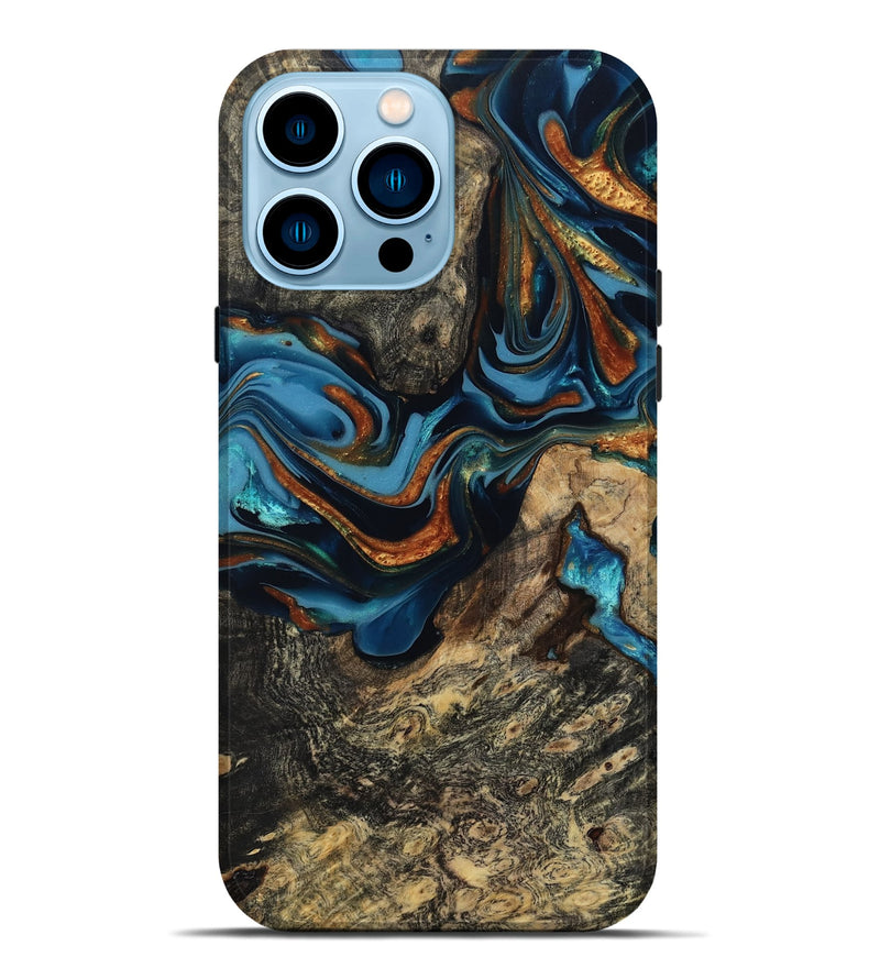 iPhone 14 Pro Max Wood Live Edge Phone Case - Marjory (Teal & Gold, 814264)