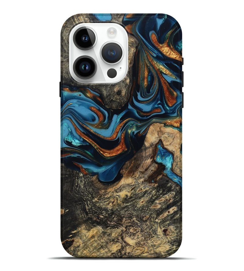iPhone 15 Pro Max Wood Live Edge Phone Case - Marjory (Teal & Gold, 814264)