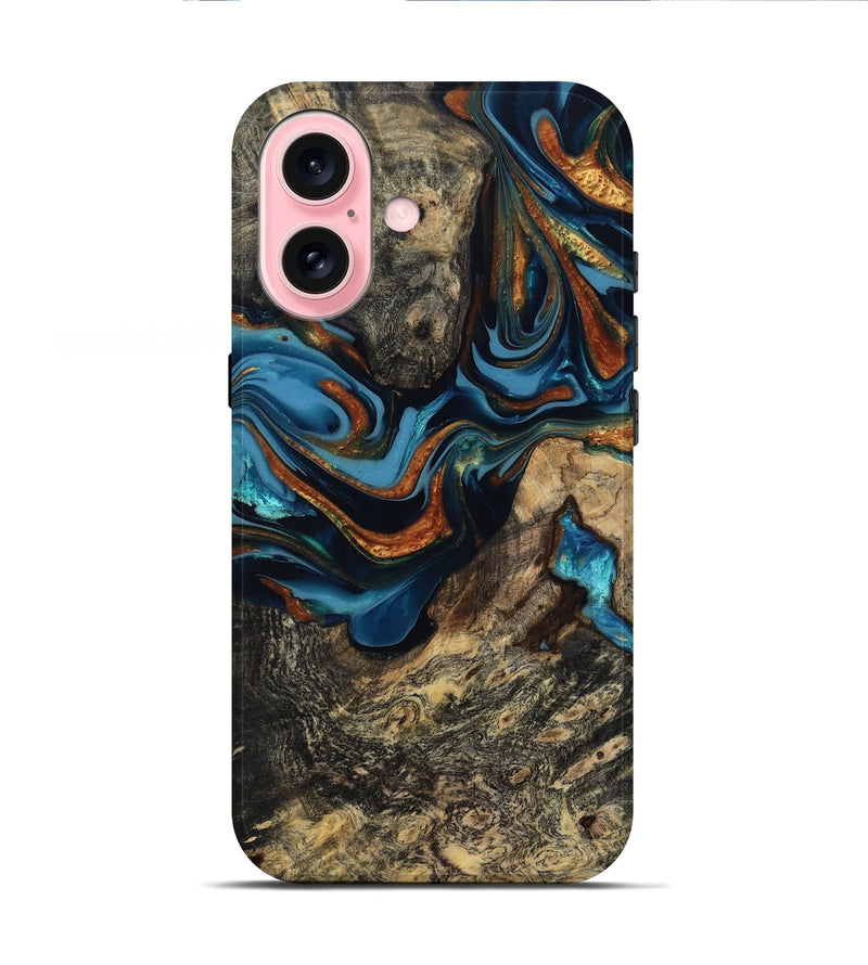 iPhone 16 Wood Live Edge Phone Case - Marjory (Teal & Gold, 814264)
