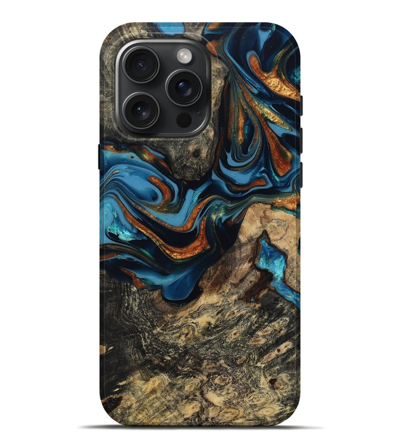 iPhone 16 Pro Max Wood Live Edge Phone Case - Marjory (Teal & Gold, 814264)