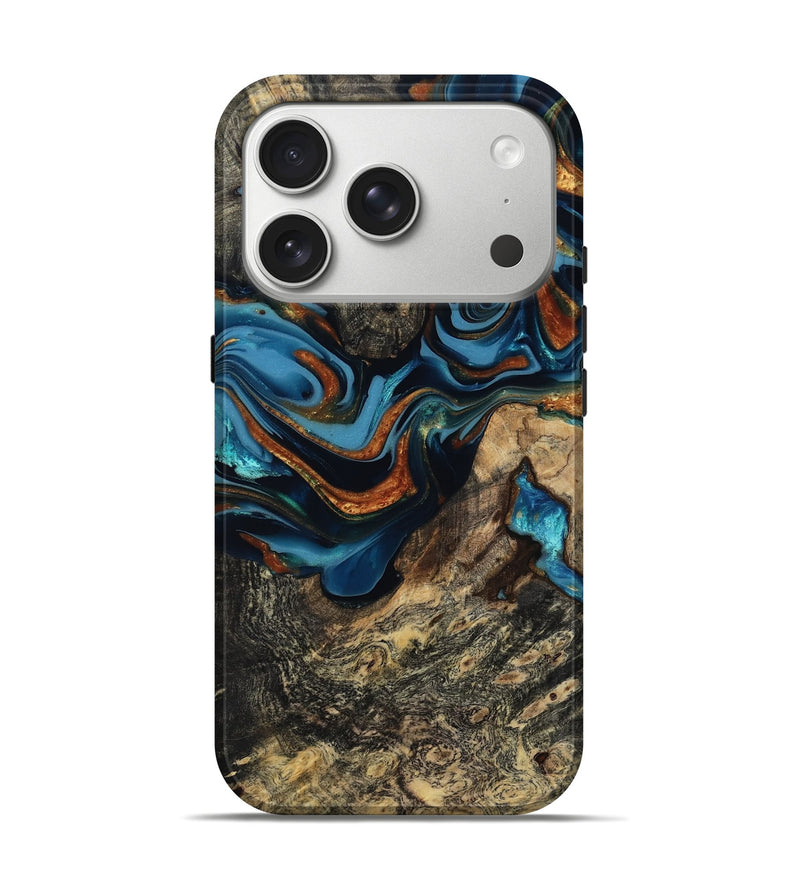 iPhone 17 Pro Wood Live Edge Phone Case - Marjory (Teal & Gold, 814264)