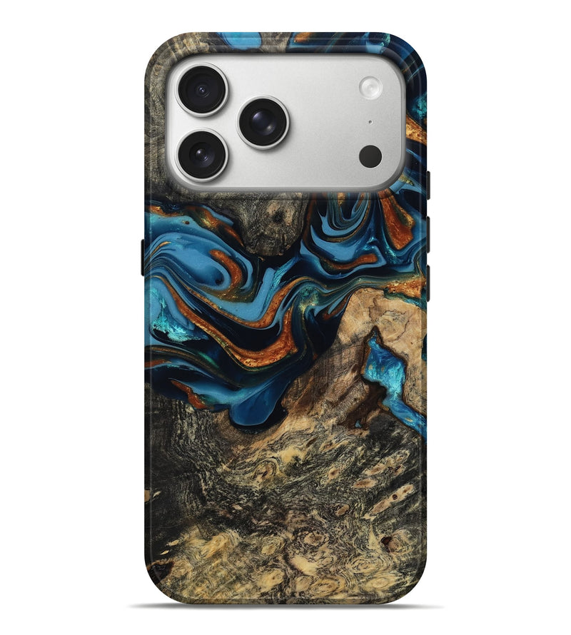 iPhone 17 Pro Max Wood Live Edge Phone Case - Marjory (Teal & Gold, 814264)