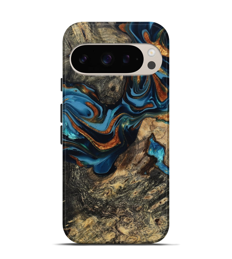 Pixel 9 Pro Wood Live Edge Phone Case - Marjory (Teal & Gold, 814264)