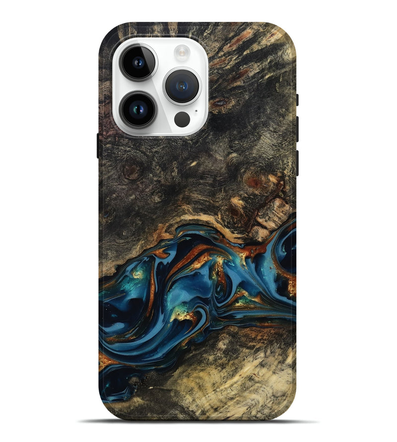 iPhone 15 Pro Max Wood Live Edge Phone Case - Jordyn (Teal & Gold, 814265)