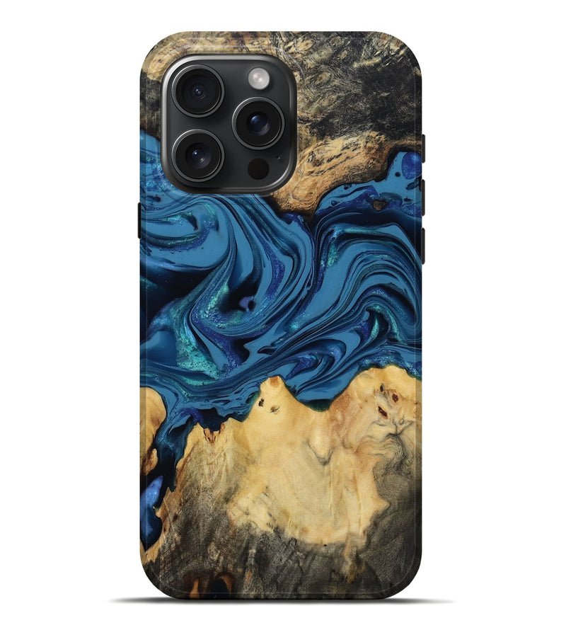 iPhone 16 Pro Max Wood Live Edge Phone Case - Oral (Blue, 814272)