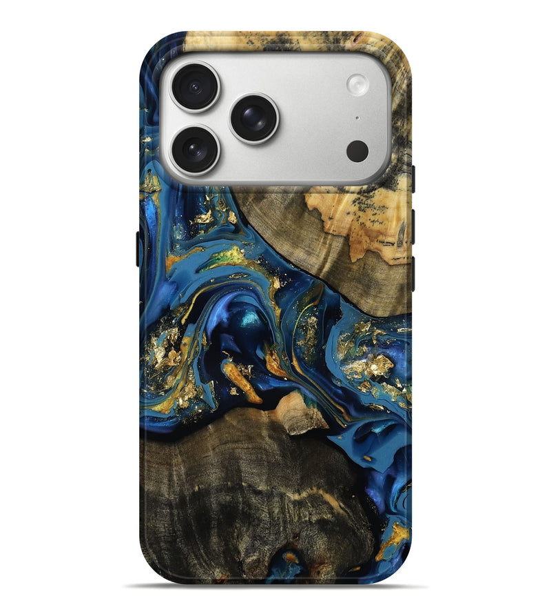 iPhone 17 Pro Max Wood Live Edge Phone Case - Maegan (Teal & Gold, 814371)