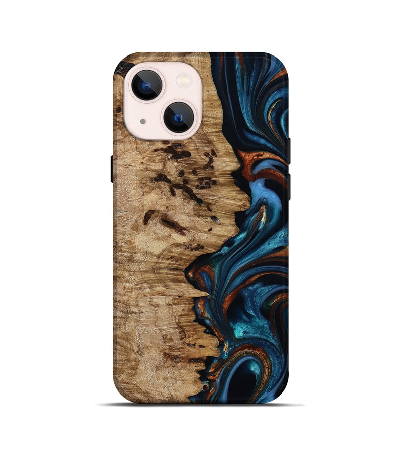 iPhone 13 mini Wood Live Edge Phone Case - Kiel (Teal & Gold, 814373)