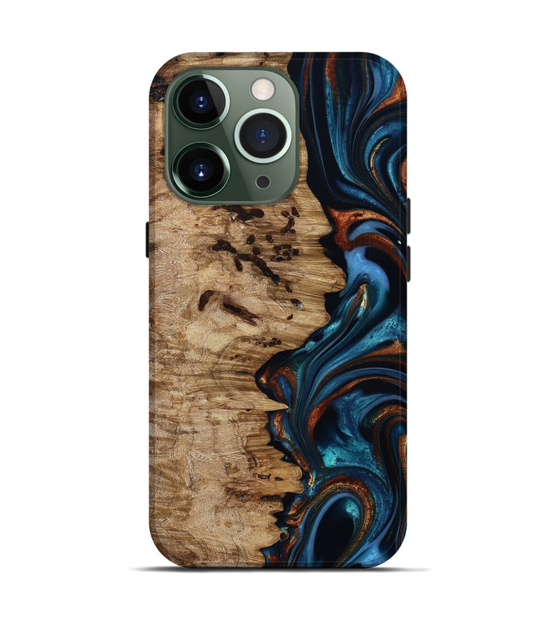 iPhone 13 Pro Wood Live Edge Phone Case - Kiel (Teal & Gold, 814373)
