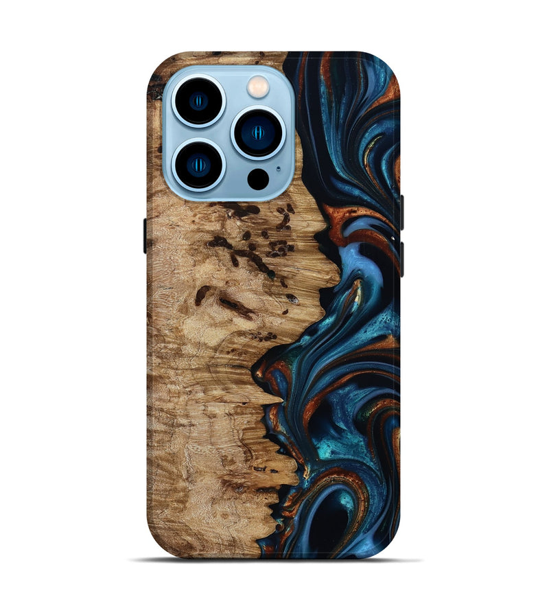iPhone 14 Pro Wood Live Edge Phone Case - Kiel (Teal & Gold, 814373)