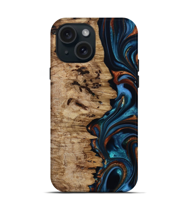 iPhone 15 Wood Live Edge Phone Case - Kiel (Teal & Gold, 814373)