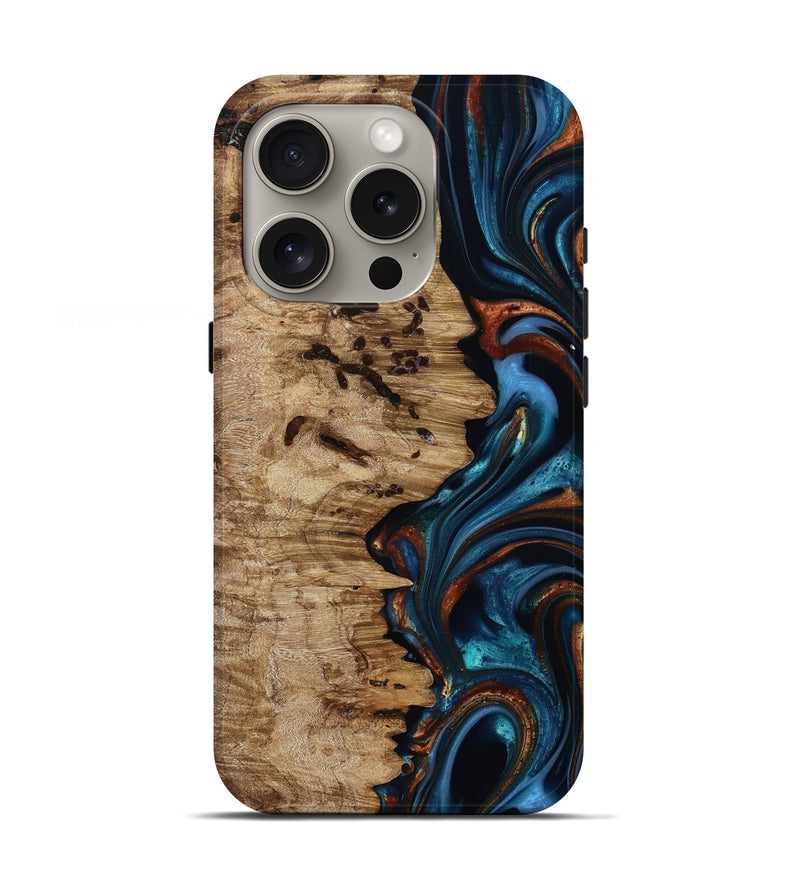 iPhone 16 Pro Wood Live Edge Phone Case - Kiel (Teal & Gold, 814373)