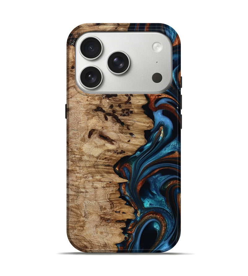 iPhone 17 Pro Wood Live Edge Phone Case - Kiel (Teal & Gold, 814373)