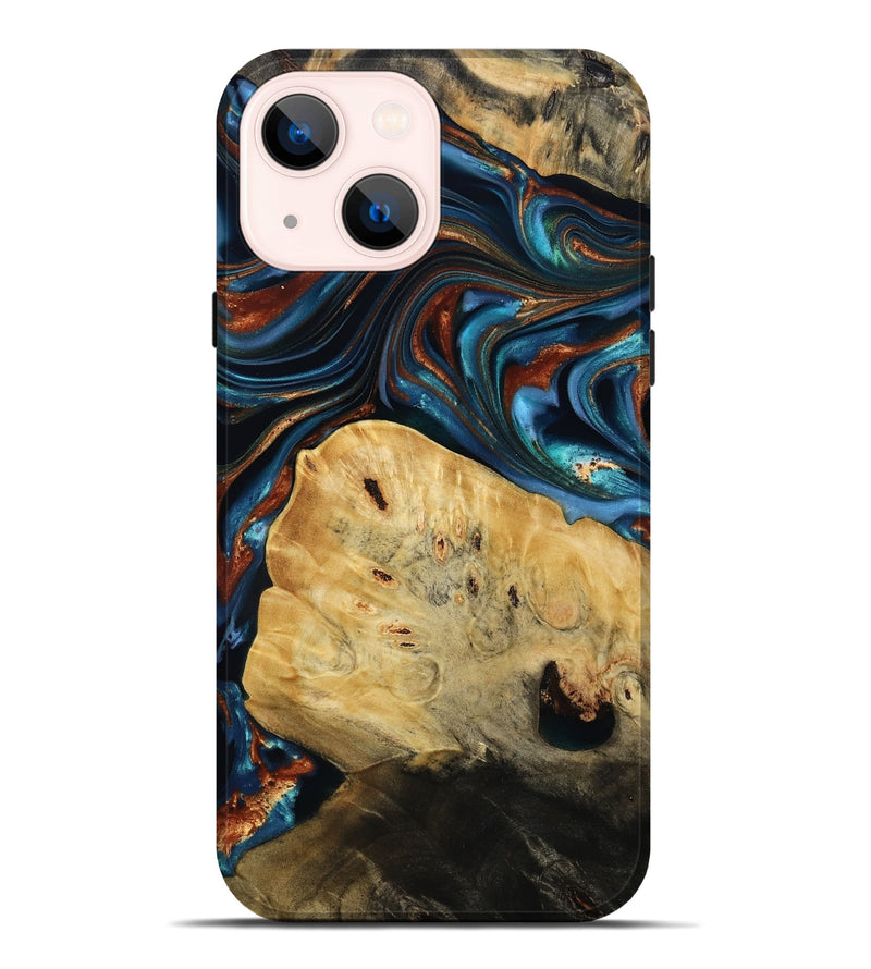 iPhone 14 Plus Wood Live Edge Phone Case - Cadence (Teal & Gold, 814374)