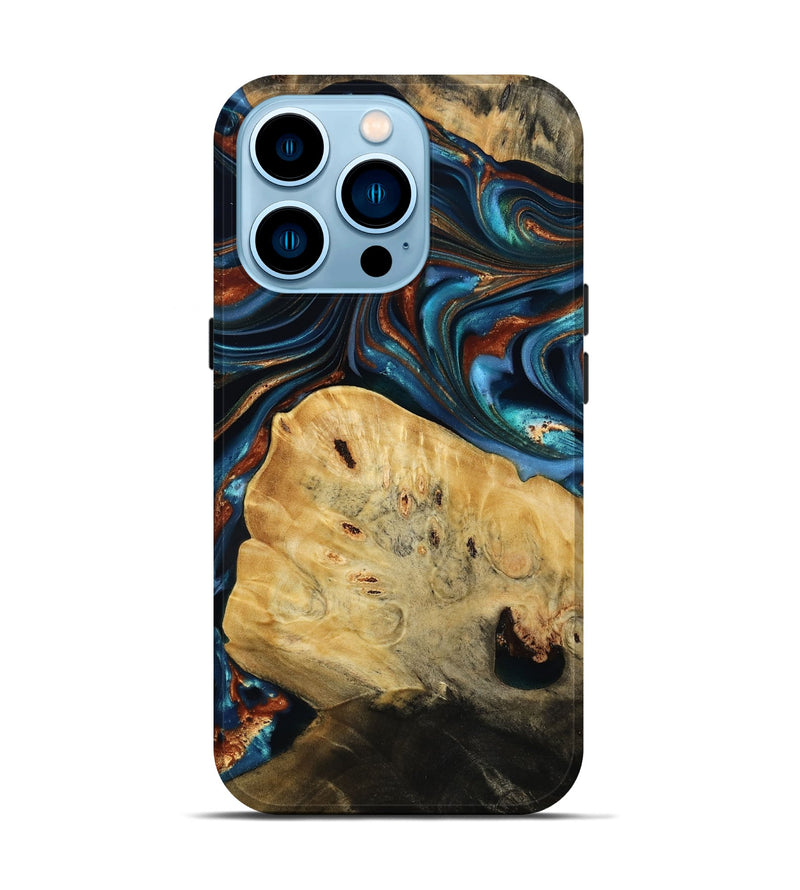 iPhone 14 Pro Wood Live Edge Phone Case - Cadence (Teal & Gold, 814374)