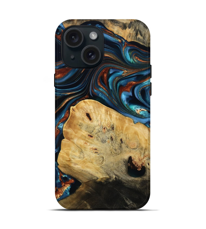 iPhone 15 Wood Live Edge Phone Case - Cadence (Teal & Gold, 814374)