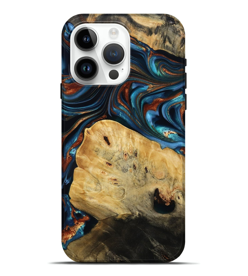 iPhone 15 Pro Max Wood Live Edge Phone Case - Cadence (Teal & Gold, 814374)