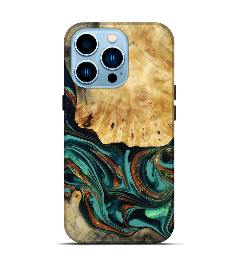 iPhone 14 Pro Wood Live Edge Phone Case - Dick (Teal & Gold, 814376)