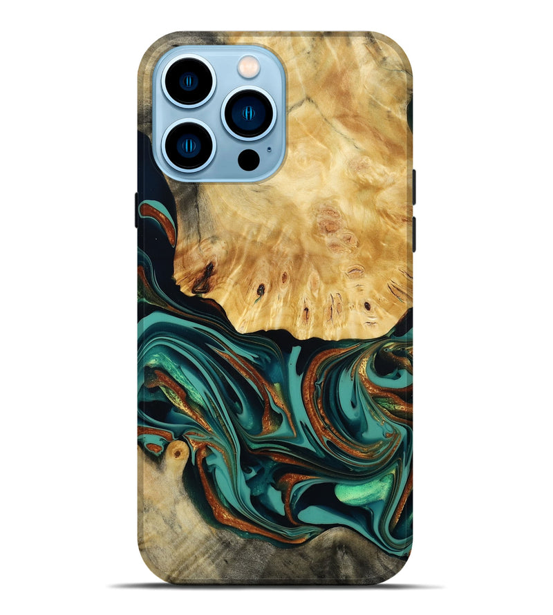 iPhone 14 Pro Max Wood Live Edge Phone Case - Dick (Teal & Gold, 814376)