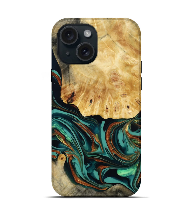 iPhone 15 Wood Live Edge Phone Case - Dick (Teal & Gold, 814376)