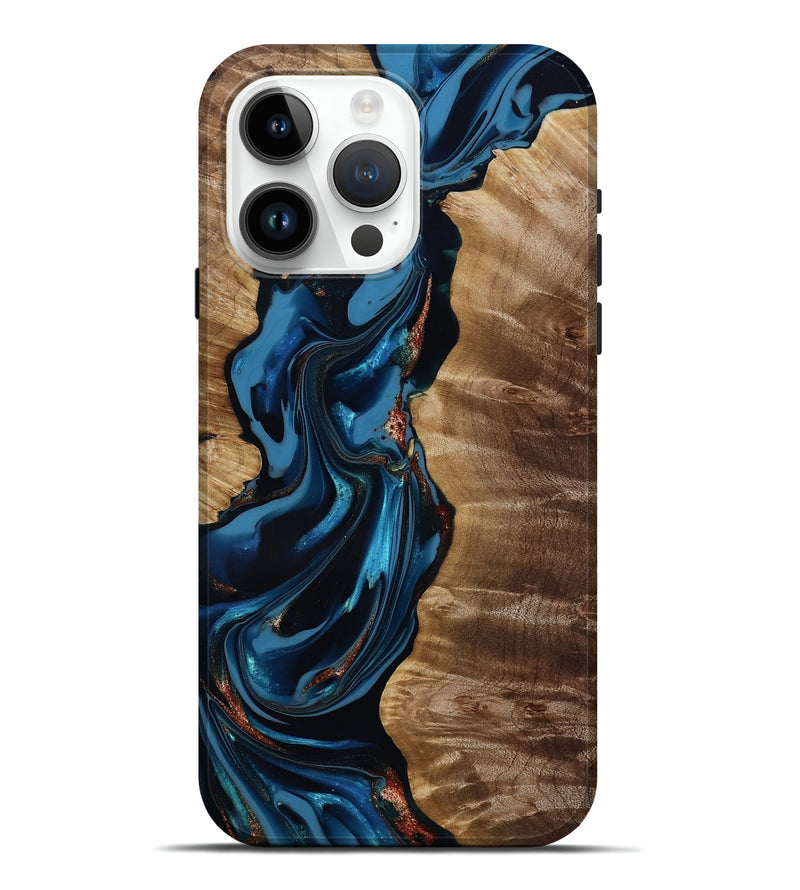 iPhone 15 Pro Max Wood Live Edge Phone Case - Icie (Teal & Gold, 814377)