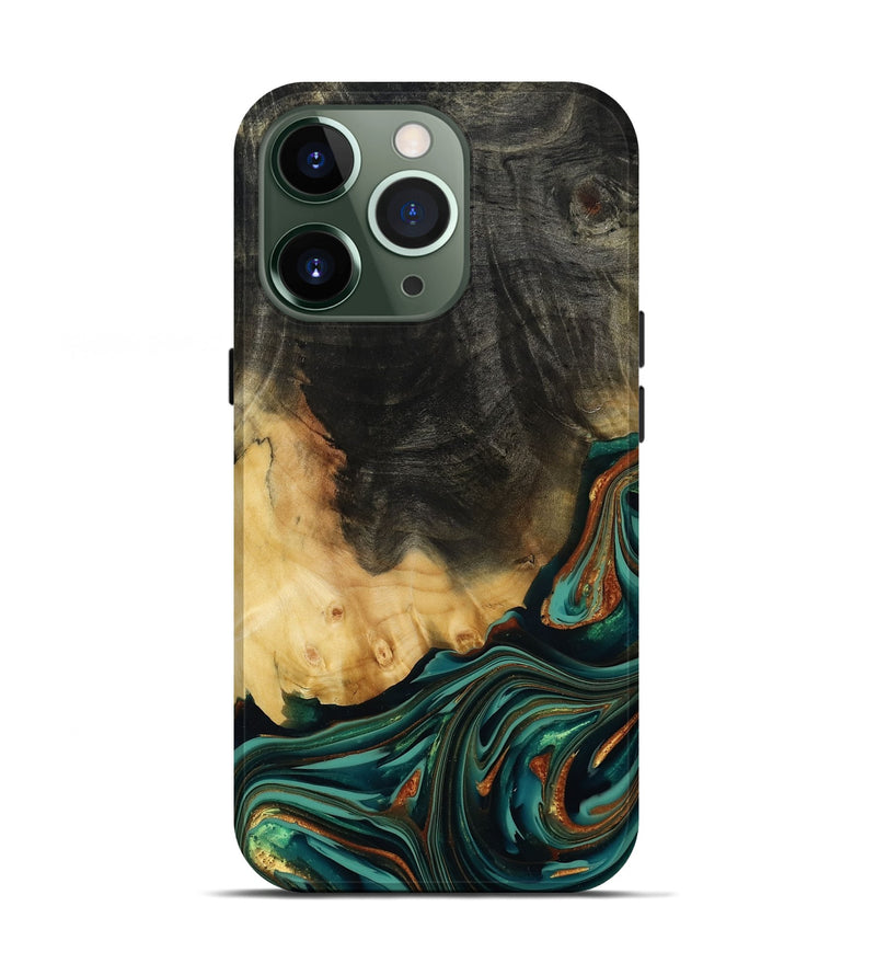 iPhone 13 Pro Wood Live Edge Phone Case - Boaz (Teal & Gold, 814380)
