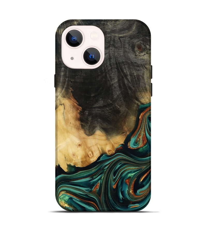 iPhone 14 Wood Live Edge Phone Case - Boaz (Teal & Gold, 814380)
