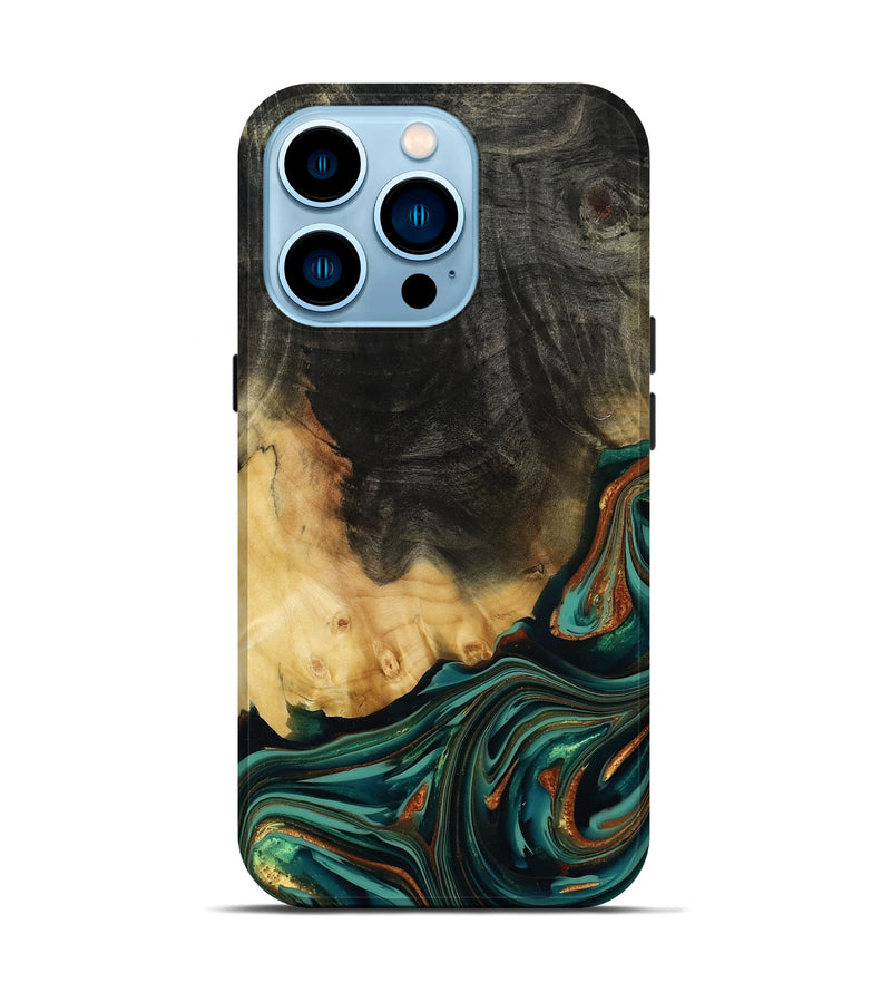 iPhone 14 Pro Wood Live Edge Phone Case - Boaz (Teal & Gold, 814380)