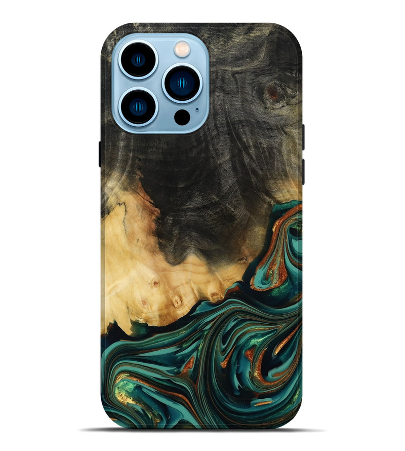 iPhone 14 Pro Max Wood Live Edge Phone Case - Boaz (Teal & Gold, 814380)