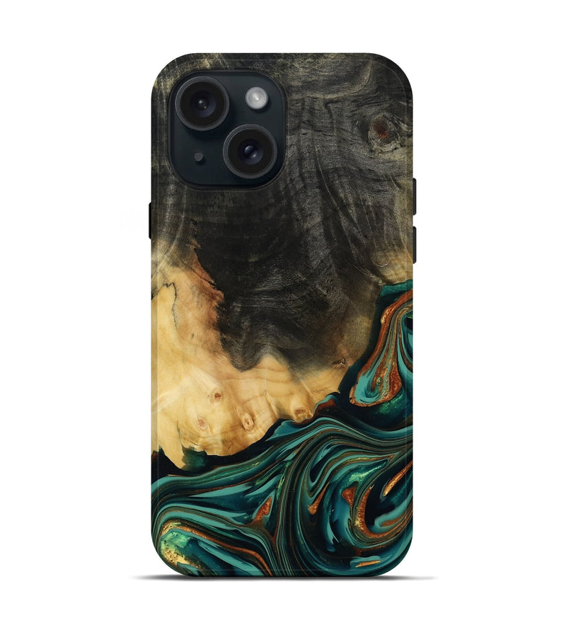 iPhone 15 Wood Live Edge Phone Case - Boaz (Teal & Gold, 814380)