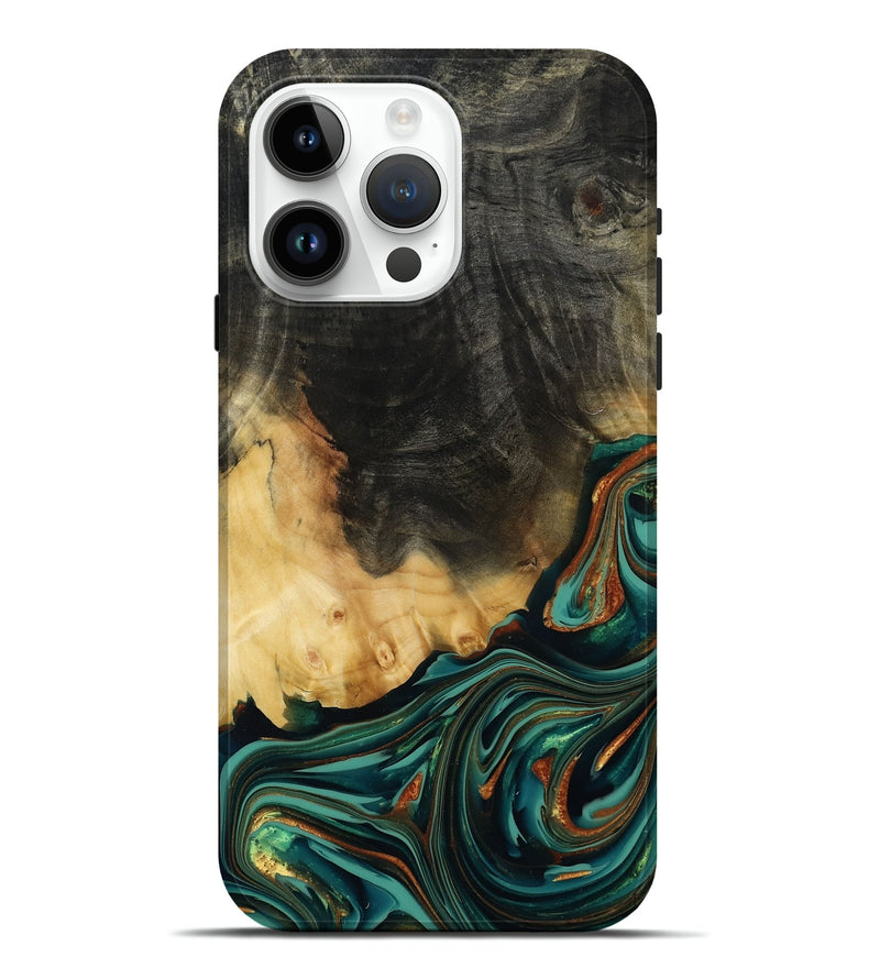 iPhone 15 Pro Max Wood Live Edge Phone Case - Boaz (Teal & Gold, 814380)
