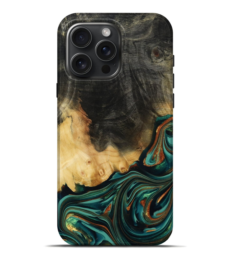 iPhone 16 Pro Max Wood Live Edge Phone Case - Boaz (Teal & Gold, 814380)