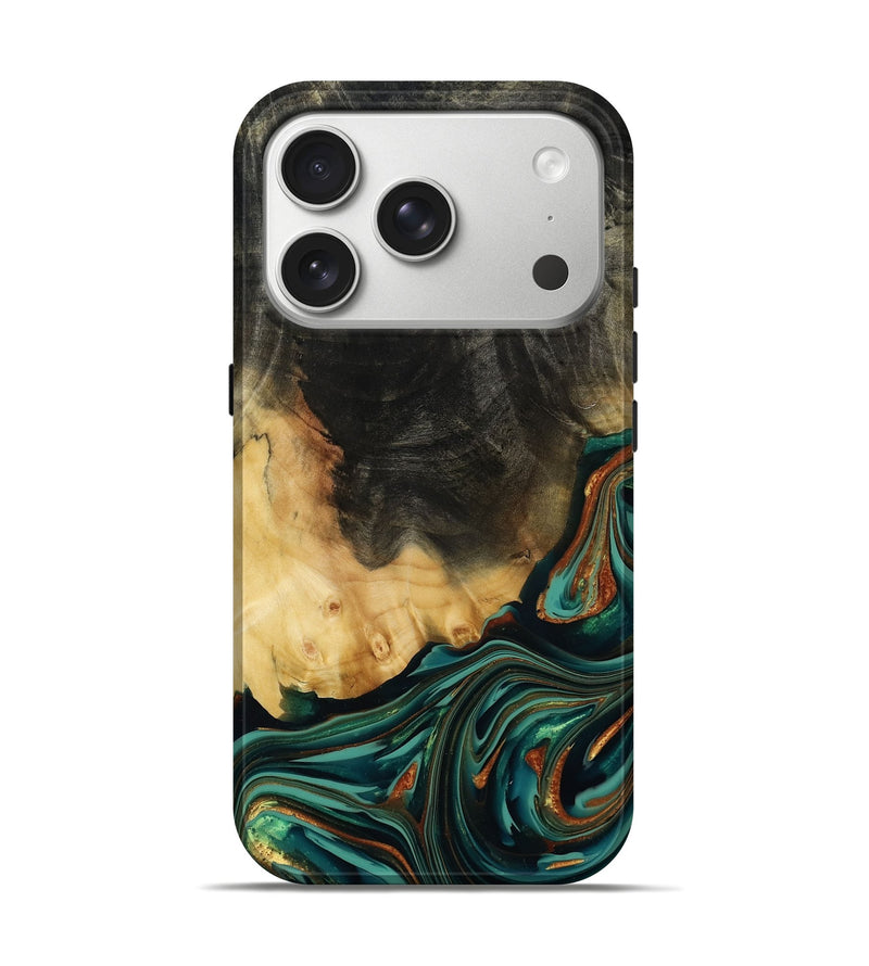 iPhone 17 Pro Wood Live Edge Phone Case - Boaz (Teal & Gold, 814380)