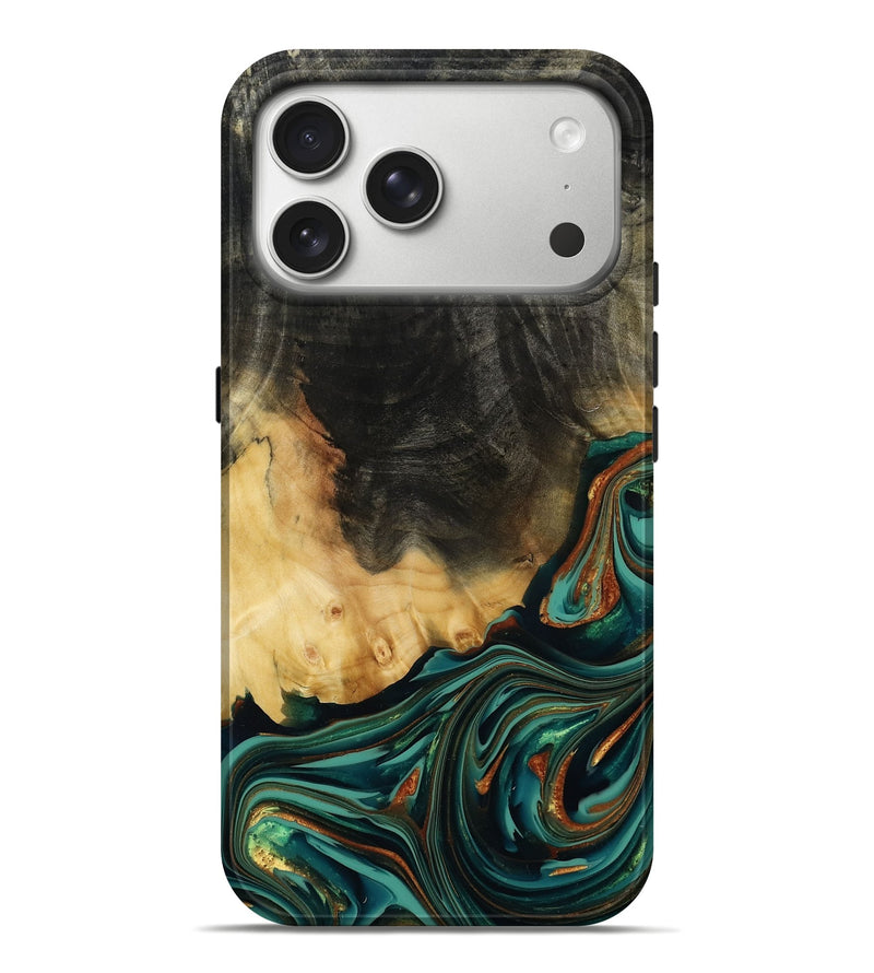 iPhone 17 Pro Max Wood Live Edge Phone Case - Boaz (Teal & Gold, 814380)