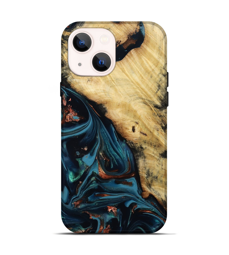 iPhone 14 Wood Live Edge Phone Case - Kelvin (Teal & Gold, 814381)