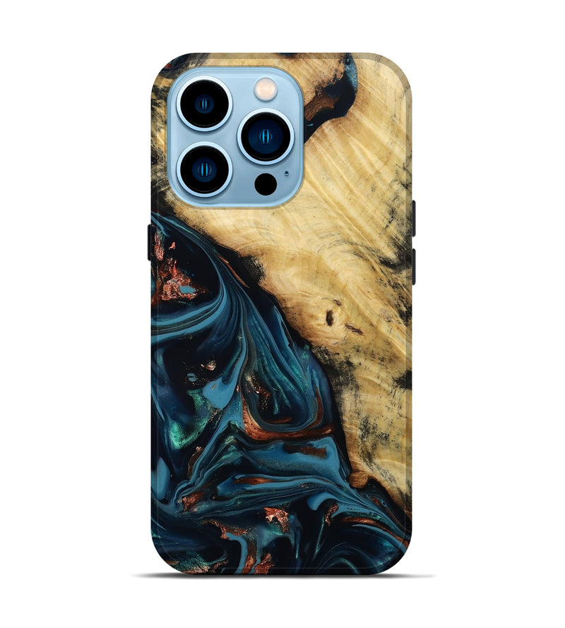 iPhone 14 Pro Wood Live Edge Phone Case - Kelvin (Teal & Gold, 814381)