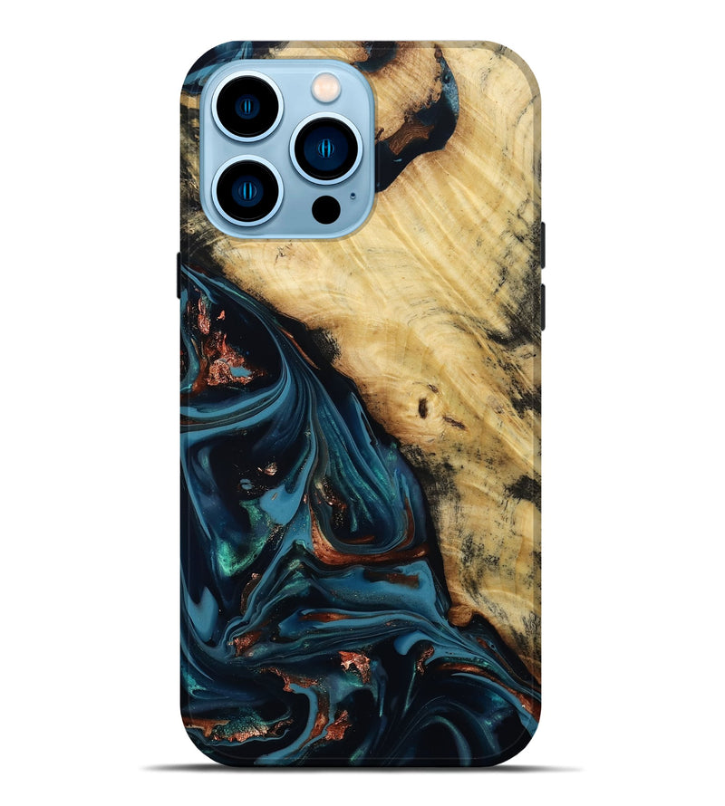 iPhone 14 Pro Max Wood Live Edge Phone Case - Kelvin (Teal & Gold, 814381)