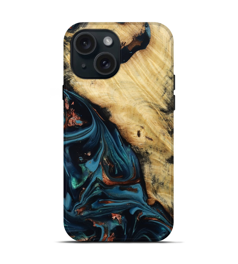 iPhone 15 Wood Live Edge Phone Case - Kelvin (Teal & Gold, 814381)
