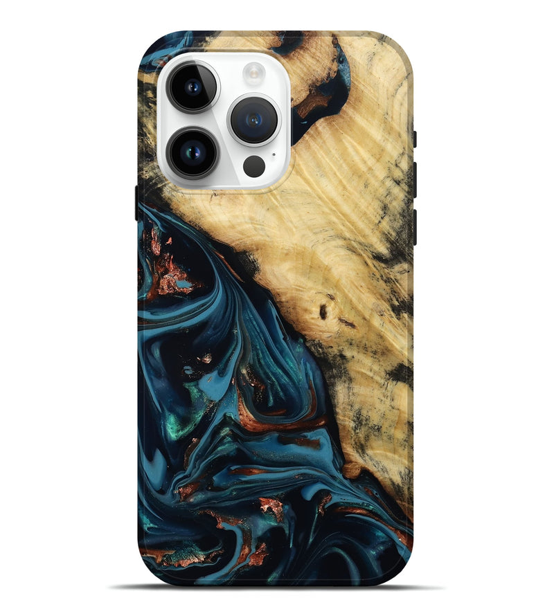 iPhone 15 Pro Max Wood Live Edge Phone Case - Kelvin (Teal & Gold, 814381)