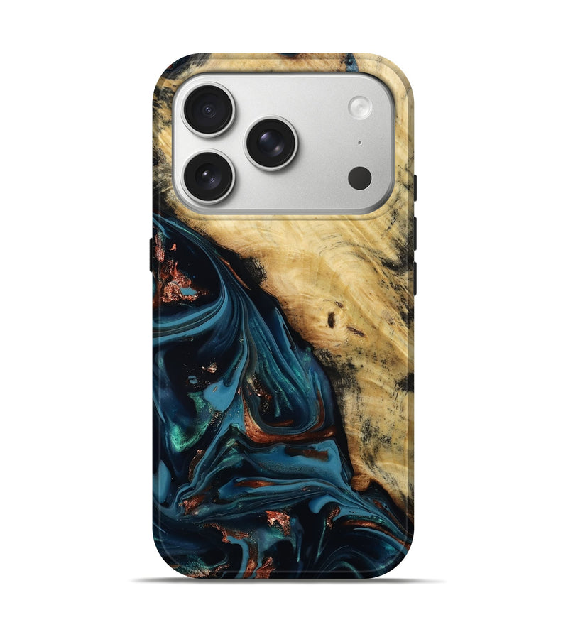 iPhone 17 Pro Wood Live Edge Phone Case - Kelvin (Teal & Gold, 814381)