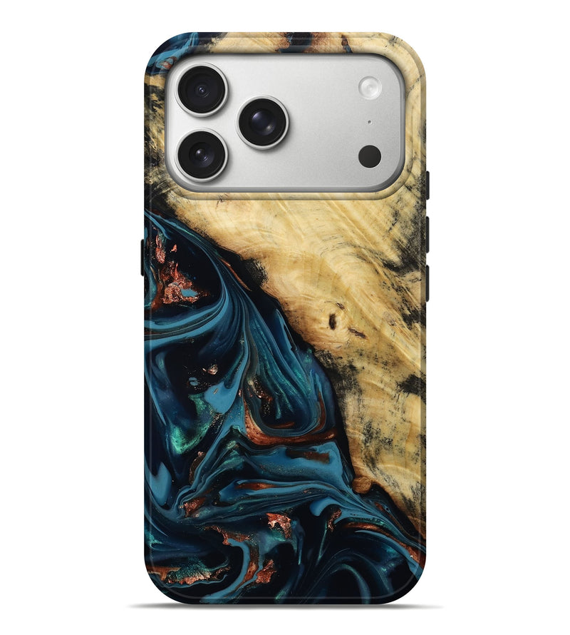 iPhone 17 Pro Max Wood Live Edge Phone Case - Kelvin (Teal & Gold, 814381)