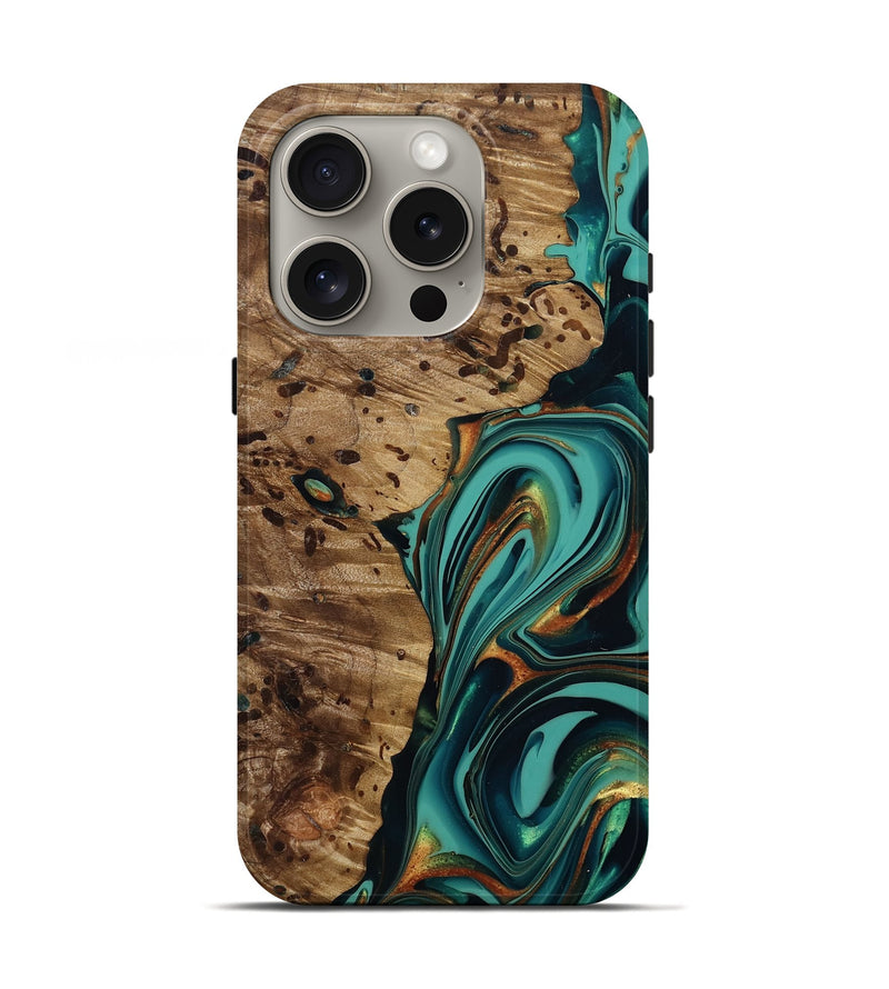 iPhone 16 Pro Wood Live Edge Phone Case - Carolyn (Teal & Gold, 814402)