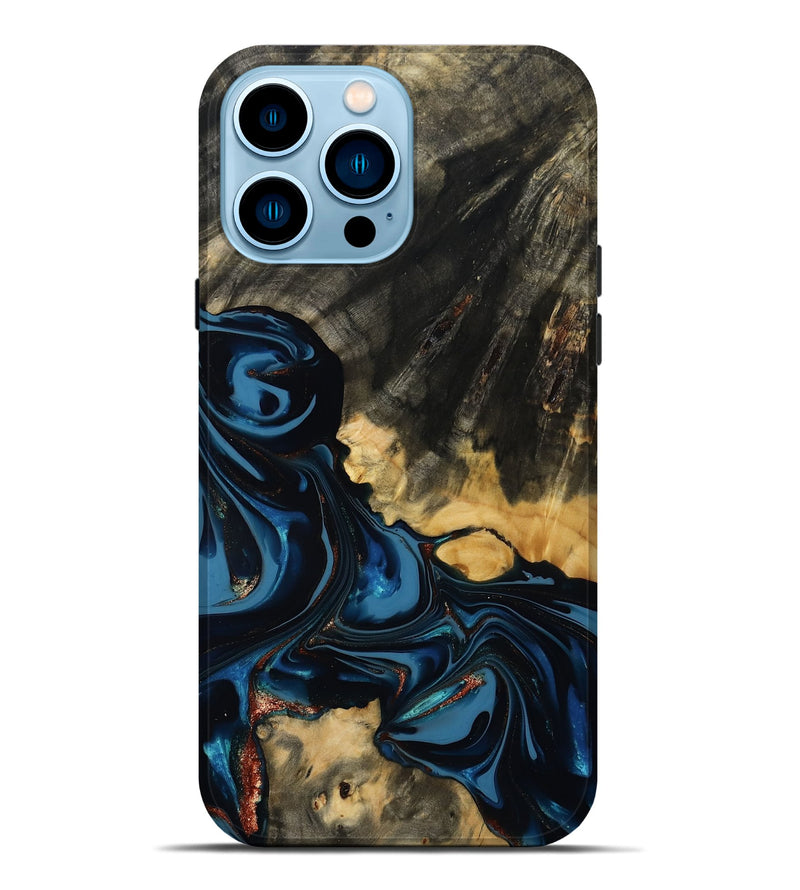 iPhone 14 Pro Max Wood Live Edge Phone Case - Myra (Teal & Gold, 814404)