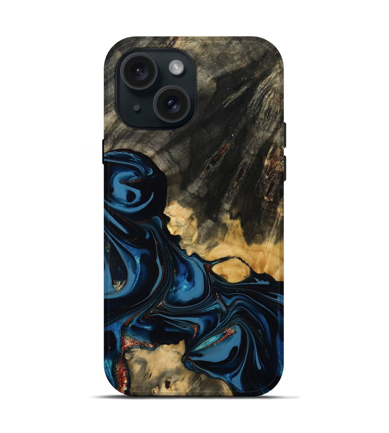 iPhone 15 Wood Live Edge Phone Case - Myra (Teal & Gold, 814404)