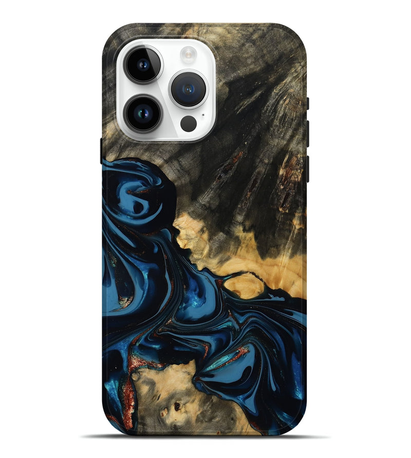 iPhone 15 Pro Max Wood Live Edge Phone Case - Myra (Teal & Gold, 814404)