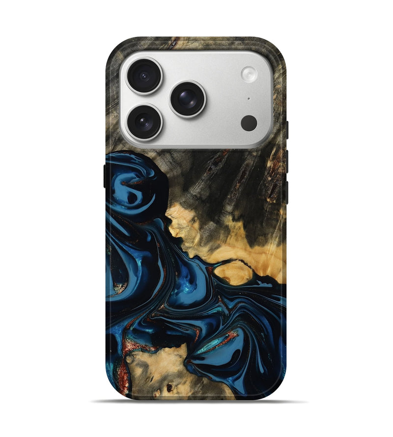 iPhone 17 Pro Wood Live Edge Phone Case - Myra (Teal & Gold, 814404)