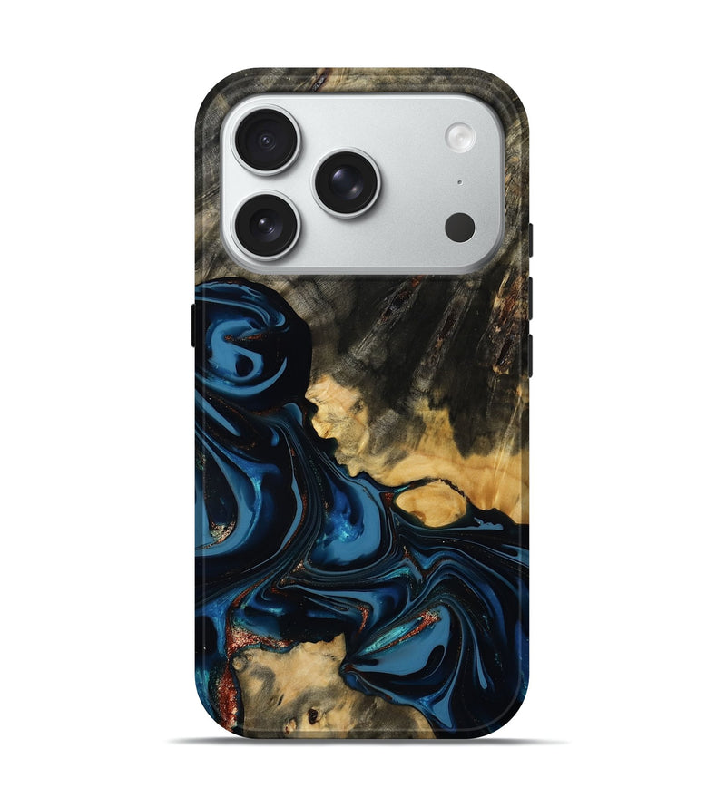 iPhone 18 Pro Wood Live Edge Phone Case - Myra (Teal & Gold, 814404)