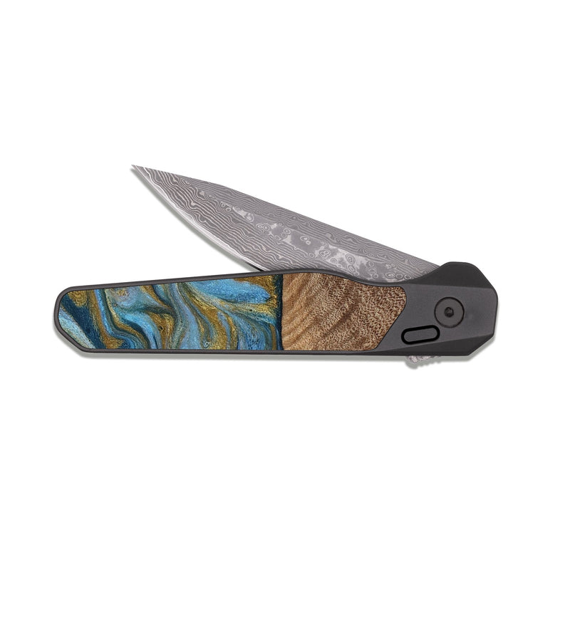 EDC Dark Damascus Wood Pocket Knife - Altha (Teal & Gold, 814501)