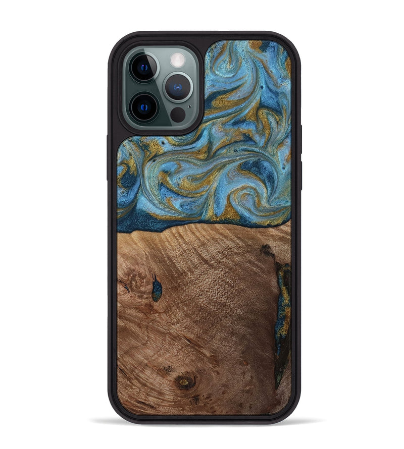 iPhone 12 Pro Max Wood Phone Case - Altha (Teal & Gold, 814501)
