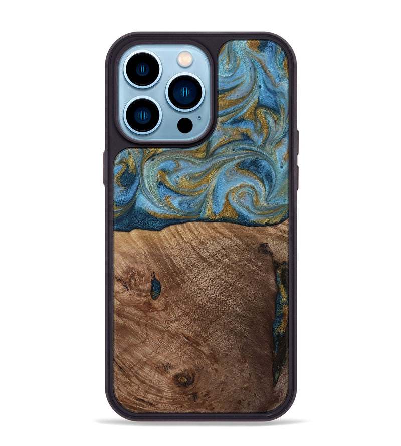 iPhone 14 Pro Max Wood Phone Case - Altha (Teal & Gold, 814501)